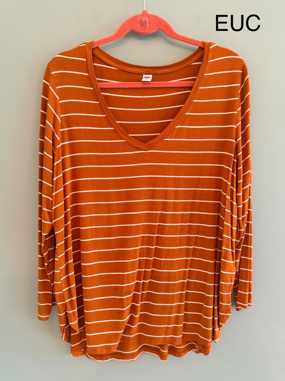 Old Navy Rust and White Striped V-Neck Long Sleeve Top